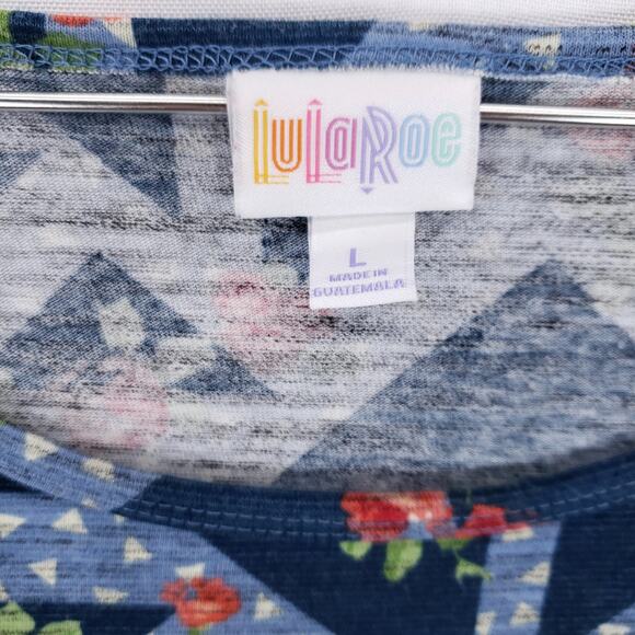 LuLaRoe Blouse Womens Large Blue Geometric Floral Rose Print Pullover Tunic Top - Picture 4 of 4